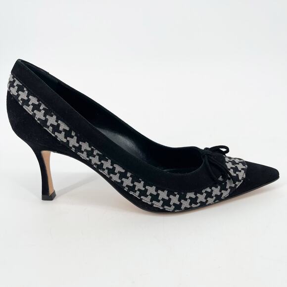 Manolo Blahnik Black Suede Gray Houndstooth Bow Pointed Toe Pumps Heels IT 36 - Picture 2 of 10